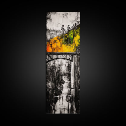 Forest Bridge, Fall Foliage, Rustic Nature Art, Woodland Pathway, Scenic Travel Decor, Living Room Wall Art, Framed Canvas Print