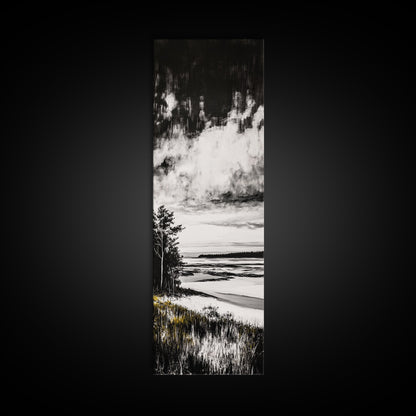 Coastal Serenity, Black White Landscape, Ocean Horizon Art, Minimalist Beach Scene, Modern Home Decor, Framed Canvas Print