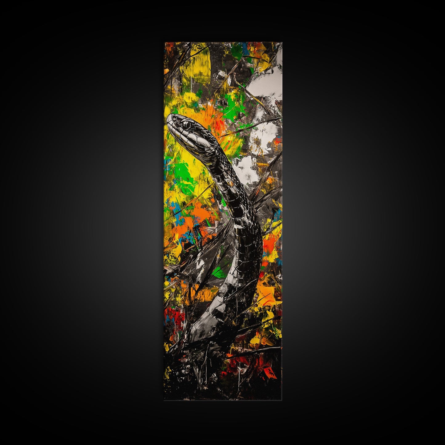 Black Snake, Abstract Colors, Edgy Animal Art, Dark Aesthetic, Framed Canvas Print, Office Wall Decor, Living Room Statement Art