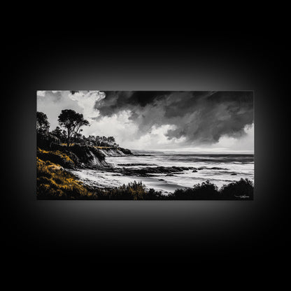 Stormy Coast, Dramatic Sky, Black and White Seascape, Framed Canvas Print, Coastal Wall Art, Large Landscape, Entryway Decor, Moody Art