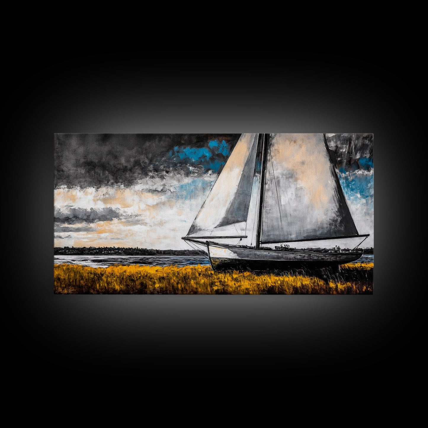 Sailboat Painting, Coastal Nautical, Black and White Boat, Framed Canvas Print, Maritime Decor, Living Room Wall Art, Classic Style