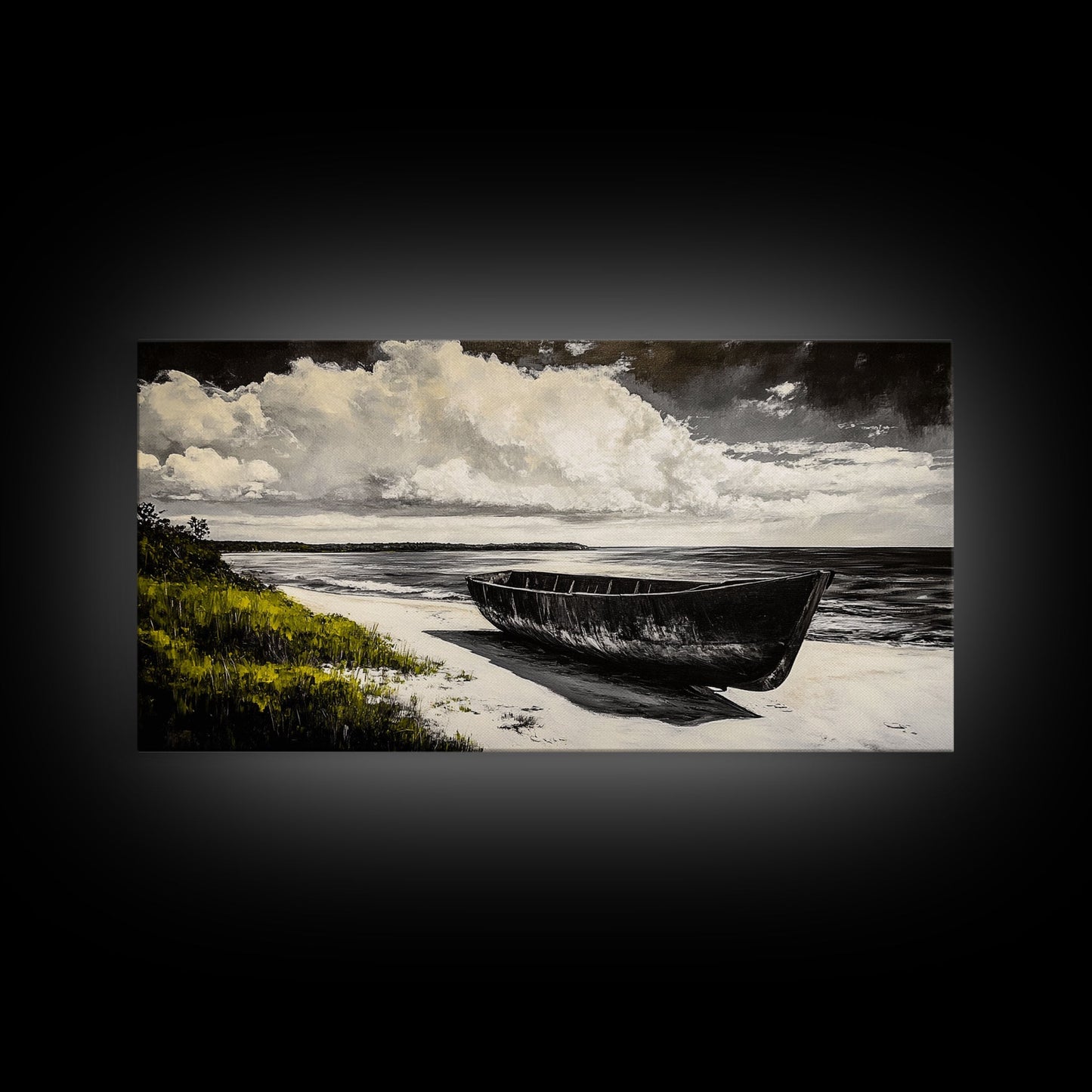 Abandoned Boat, Black White, Seaside Art, Framed Canvas Print, Rustic Beach Decor, Nautical Wall Art, Coastal Print, Office Decor