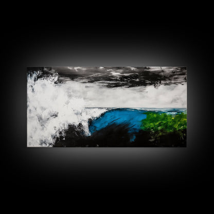 Powerful Wave, Ocean Energy, Coastal Vibes, Modern Abstract, Blue and Green Art, Large Statement, Beach House, Framed Canvas Print