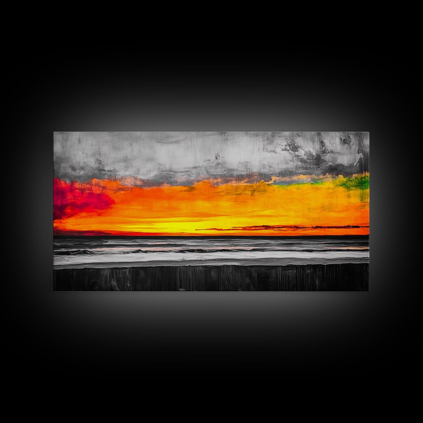 Coastal Sunset, Ocean Horizon, Bold Colors, Black and White Contrast, Modern Abstract, Warm Tones, Large Wall Art, Framed Canvas Print ?