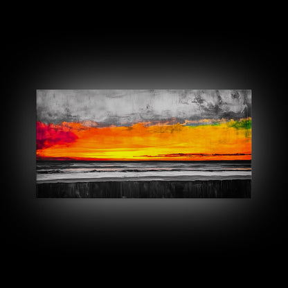 Coastal Sunset, Ocean Horizon, Bold Colors, Black and White Contrast, Modern Abstract, Warm Tones, Large Wall Art, Framed Canvas Print ?