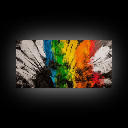 Rainbow Feathers, Colorful Abstract Art, Boho Wall Decor, Native American Inspired, Framed Canvas Print, Large Wall Art