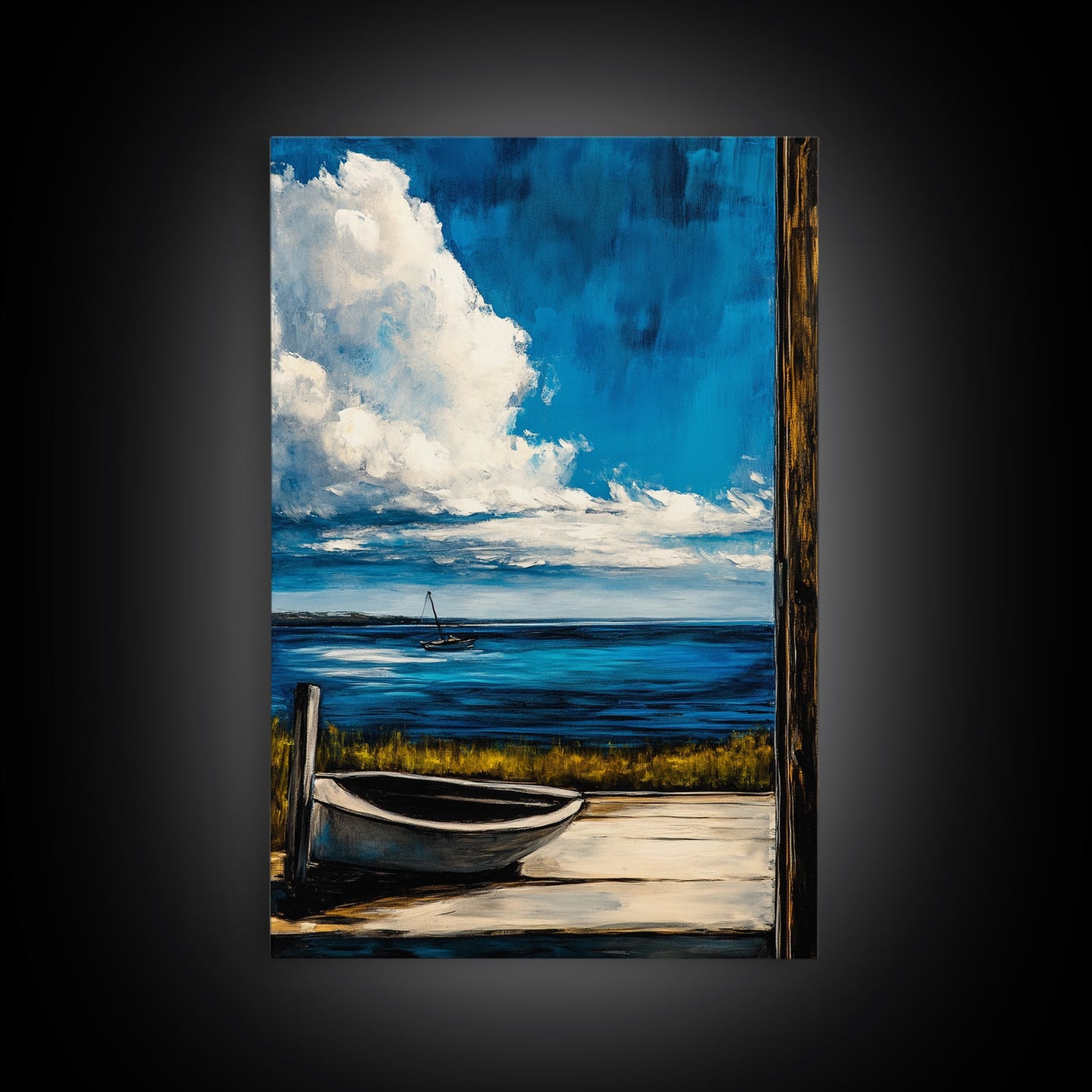 Seaside Serenity, Wooden Dock, Tranquil View, Framed Canvas Print, Ocean Wall Art, Coastal Living, Beach House Decor, Nautical Aesthetic