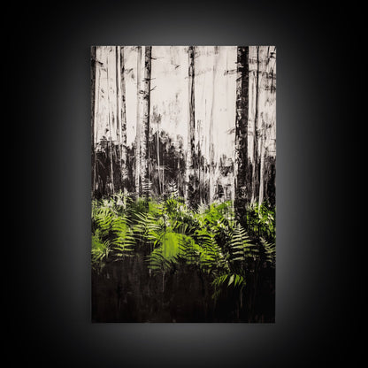 Forest Ferns, Green Botanical Art, Woodland Nature Print, Minimalist Home Decor, Black and White Wall Art, Framed Canvas Print