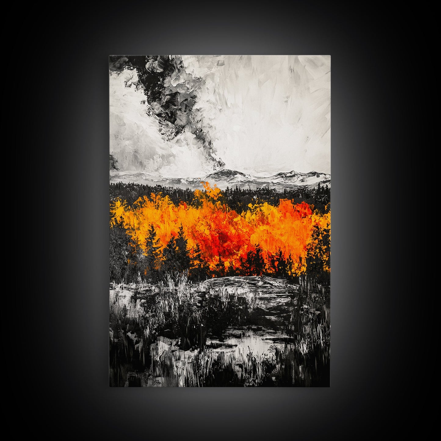 Burning Trees, Fiery Autumn Landscape, Dramatic Fall Wall Art, Modern Seasonal Home Decor, Bold Color Painting, Framed Canvas Print