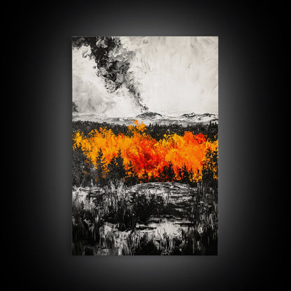 Burning Trees, Fiery Autumn Landscape, Dramatic Fall Wall Art, Modern Seasonal Home Decor, Bold Color Painting, Framed Canvas Print