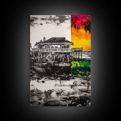 Pier House, Sunset Painting, Coastal Decor, Beach House Art, Framed Canvas Print, Living Room Wall Art, Nautical Theme, Abstract Home Decor