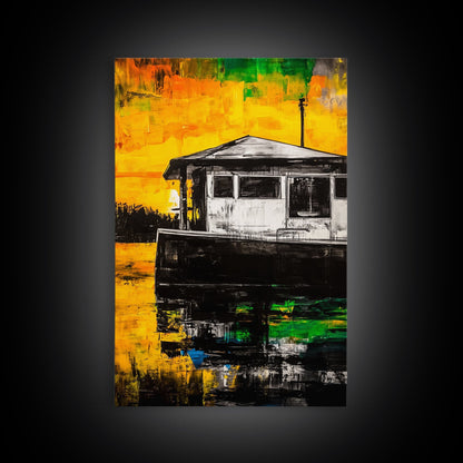 Houseboat Sunset, Coastal Painting, Warm Tones, Abstract Art, Framed Canvas Print, Living Room Wall Art, Waterfront Decor, Ocean Art