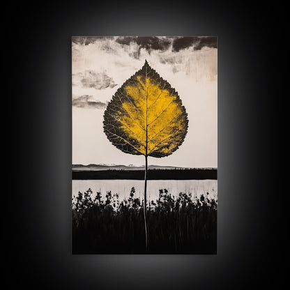 Golden Leaf, Minimalist Nature, Autumn Wall Art, Botanical Decor, Framed Canvas Print, Living Room Art, Black and White, Nature Print