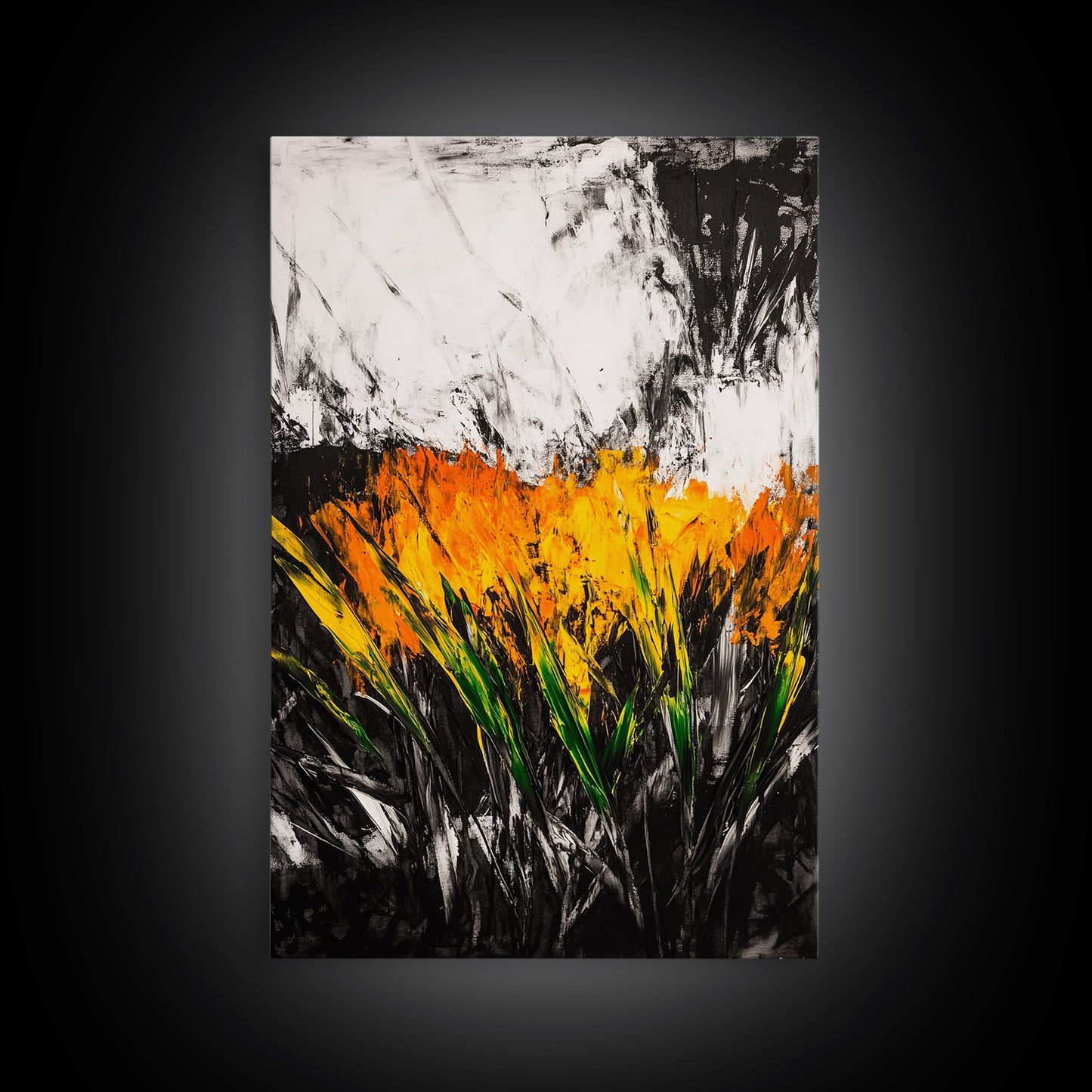 Fiery Wildflowers, Black White Abstract, Nature Art, Floral Painting, Contemporary Living Room Decor, Statement Piece, Canvas Print