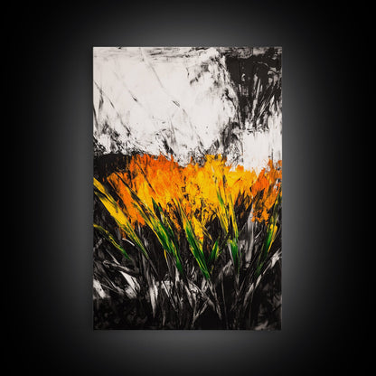 Fiery Wildflowers, Black White Abstract, Nature Art, Floral Painting, Contemporary Living Room Decor, Statement Piece, Canvas Print