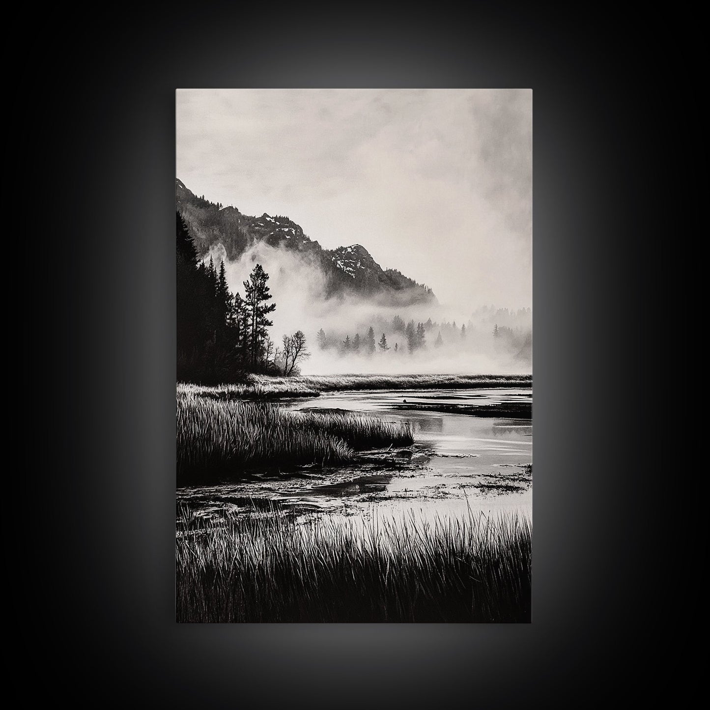 Foggy Forest, Monochrome Wall Art, Nature Landscape, Tranquil Painting, Living Room Decor, Rustic Style, Framed Canvas Print