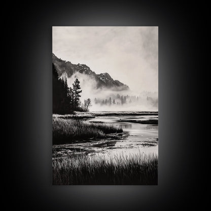 Foggy Forest, Monochrome Wall Art, Nature Landscape, Tranquil Painting, Living Room Decor, Rustic Style, Framed Canvas Print