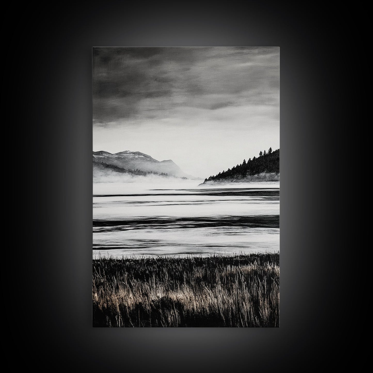 Serene Lake, Black and White Artwork, Misty Mountains, Nature Decor, Minimalist Landscape, Home Office Art, Canvas Print