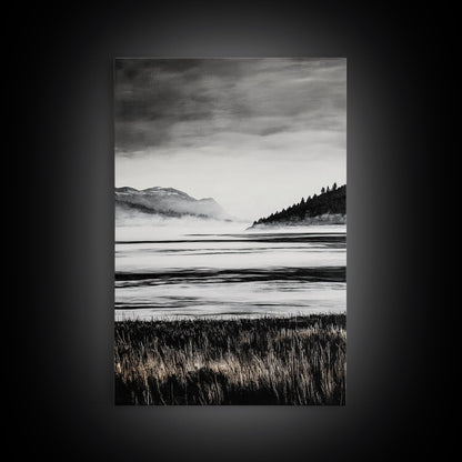 Serene Lake, Black and White Artwork, Misty Mountains, Nature Decor, Minimalist Landscape, Home Office Art, Canvas Print