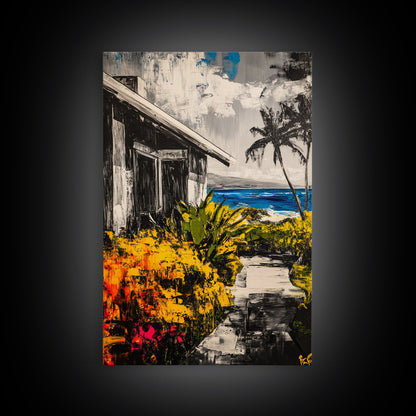 Beach House Path, Black White Coastal Art, Yellow Green Foliage, Tropical Landscape, Ocean Wall Decor, Beach Home, Framed Canvas Print