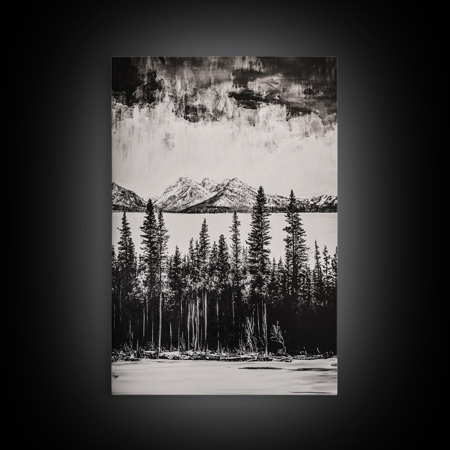Mountain Serenity, Black and White Landscape, Nature Art, Tranquil Home Decor, Minimalist Painting, Office Artwork, Framed Canvas Print