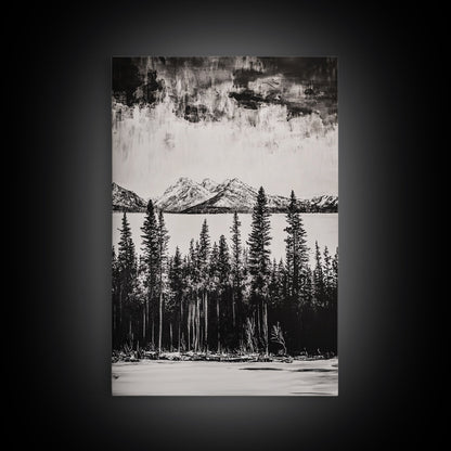 Mountain Serenity, Black and White Landscape, Nature Art, Tranquil Home Decor, Minimalist Painting, Office Artwork, Framed Canvas Print