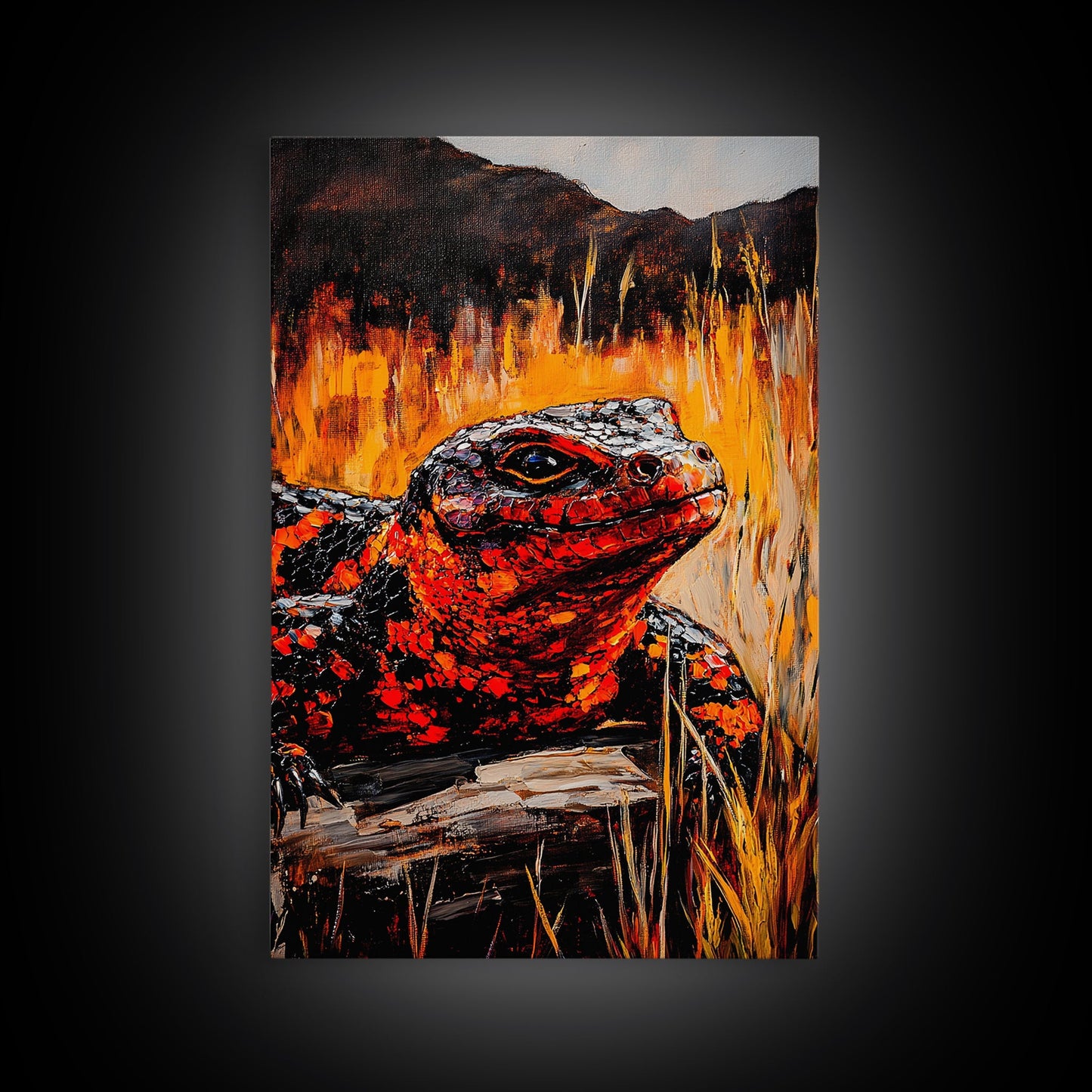 Fiery Lizard, Wildlife Art, Reptile Painting, Nature Wall Art, Rustic Decor, Warm Tones, Fall Wall Art, Living Room Art, Framed Canvas Print