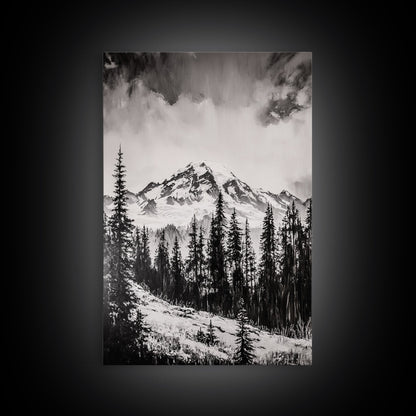 Snowy Peak, Mountain Landscape, Monochrome Art, Winter Wall Art, Nature Inspired, Rustic Wall Decor, Large Wall Art, Framed Canvas Print