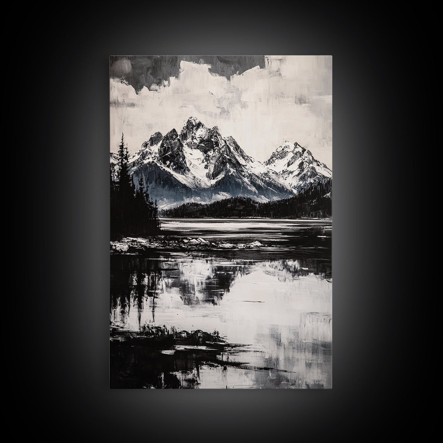 Serene Lake, Black and White Art, Nature Wall Decor, Minimalist Art, Wilderness Painting, Tranquil Wall Art, Modern Home Decor, Canvas Print