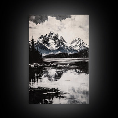 Serene Lake, Black and White Art, Nature Wall Decor, Minimalist Art, Wilderness Painting, Tranquil Wall Art, Modern Home Decor, Canvas Print