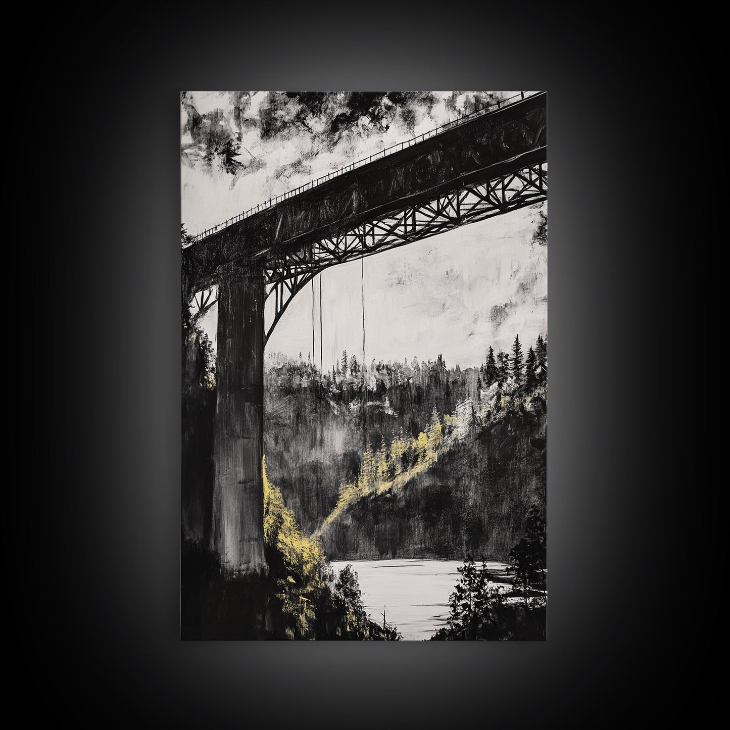 Steel Bridge, Industrial Wall Art, Black and White Landscape, Cityscape Art, Rustic Metal, Loft Style, Office Wall Art, Framed Canvas Print