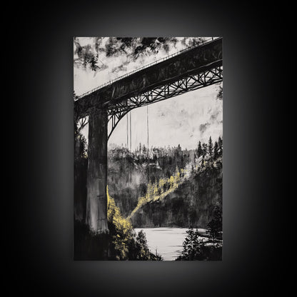 Steel Bridge, Industrial Wall Art, Black and White Landscape, Cityscape Art, Rustic Metal, Loft Style, Office Wall Art, Framed Canvas Print