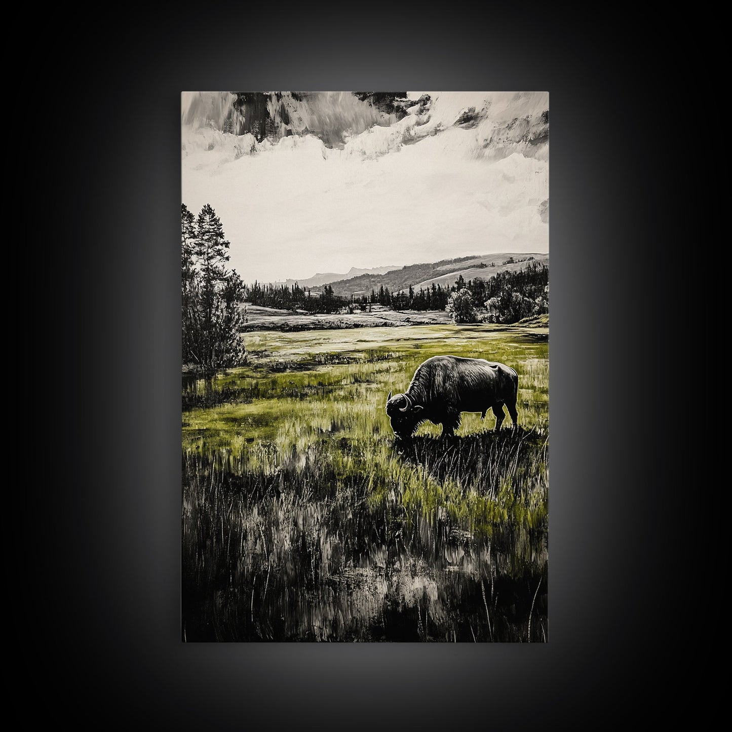 Grazing Bison, Wildlife Art, Rustic Home Decor, Nature Inspired, Western Landscape, Monochrome Art, Cabin Wall Art, Framed Canvas Print