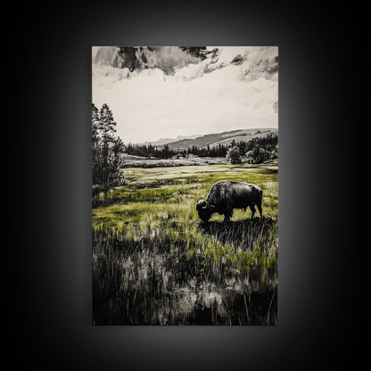 Grazing Bison, Wildlife Art, Rustic Home Decor, Nature Inspired, Western Landscape, Monochrome Art, Cabin Wall Art, Framed Canvas Print