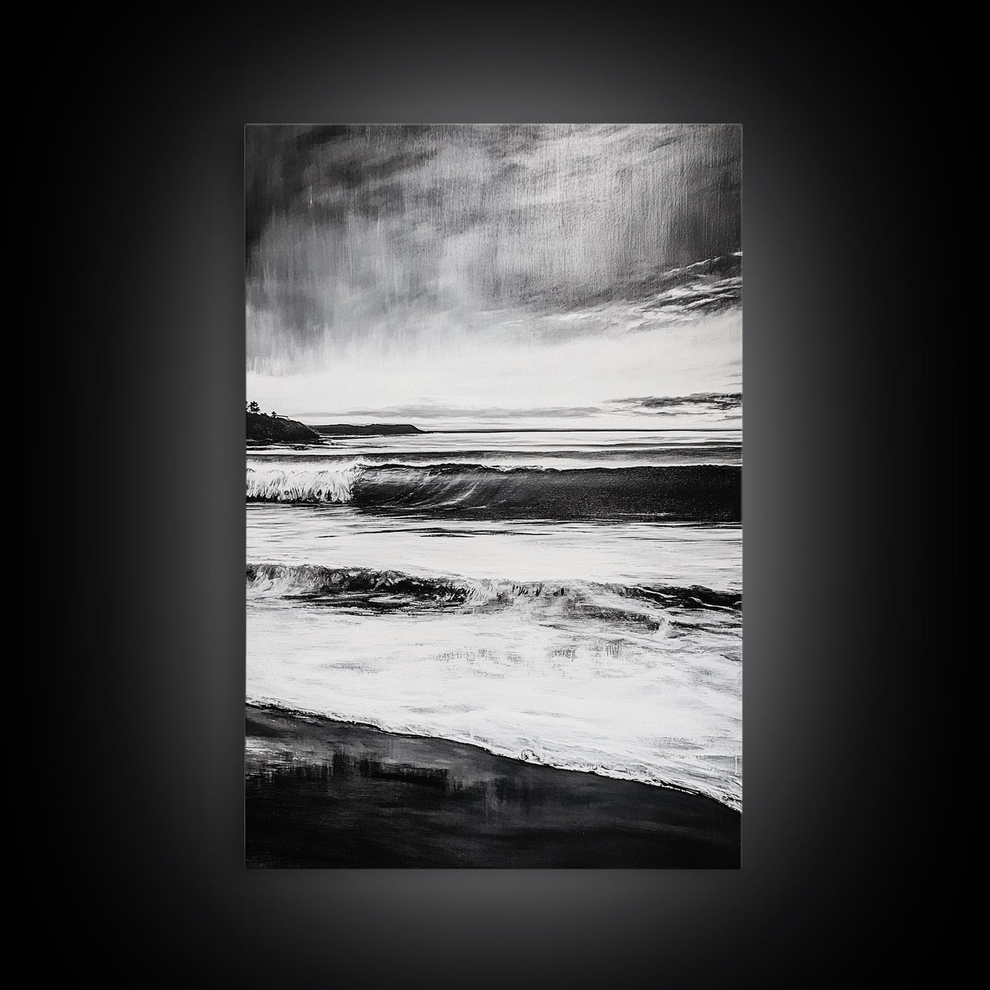 Black and White Waves, Ocean Painting, Dramatic Coastline, Minimalist Art, Framed Canvas Print, Modern Seascape, Contemporary Wall Art