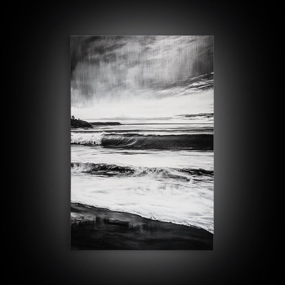 Black and White Waves, Ocean Painting, Dramatic Coastline, Minimalist Art, Framed Canvas Print, Modern Seascape, Contemporary Wall Art