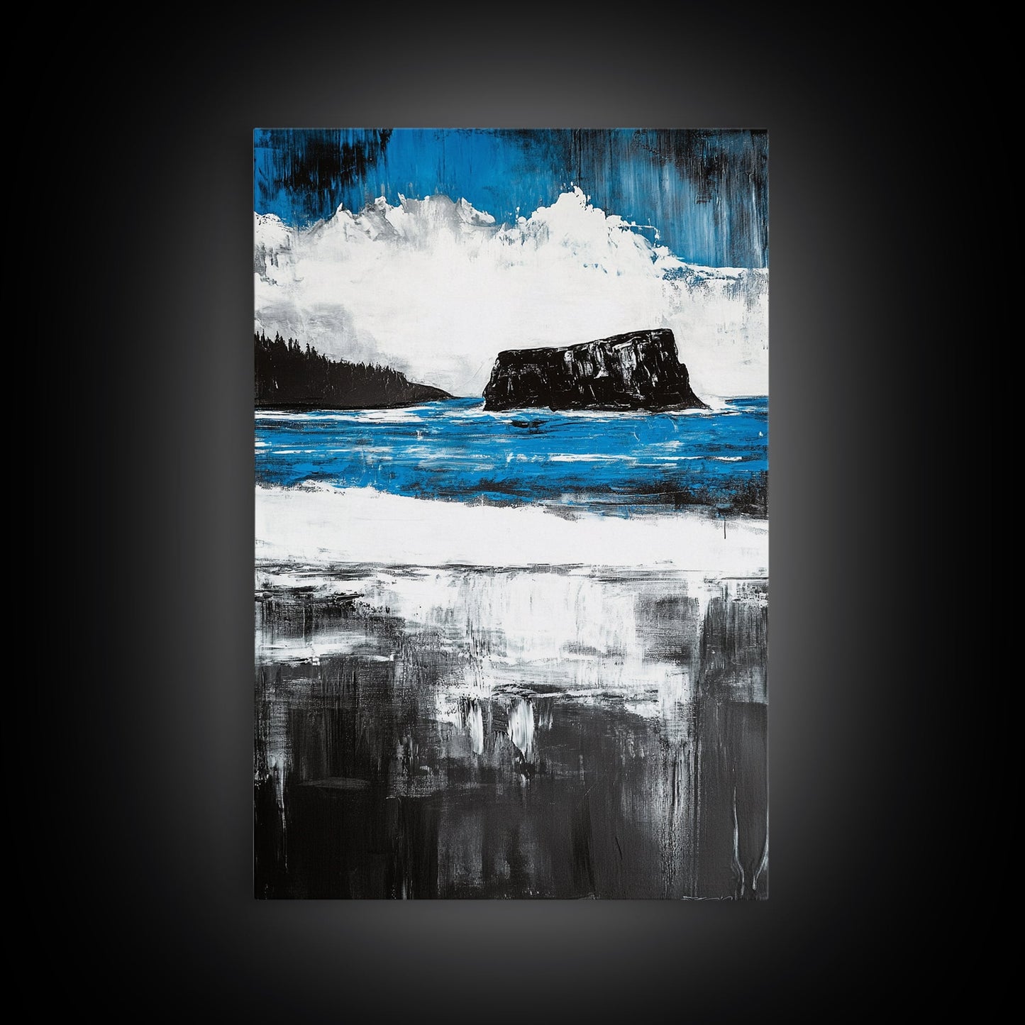 Ocean Cliff Seascape, Moody Coastal Art, Black White Blue Water, Modern Minimalist Wall Decor, Nautical Home Gift, Framed Canvas Print