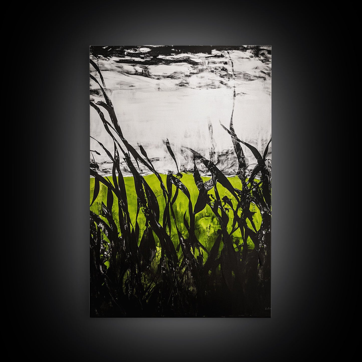 Minimalist Grass Field, Black White Green Nature Art, Abstract Farmhouse Wall Decor, Modern Simple Landscape, Framed Canvas Print