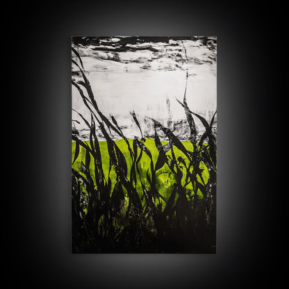 Minimalist Grass Field, Black White Green Nature Art, Abstract Farmhouse Wall Decor, Modern Simple Landscape, Framed Canvas Print