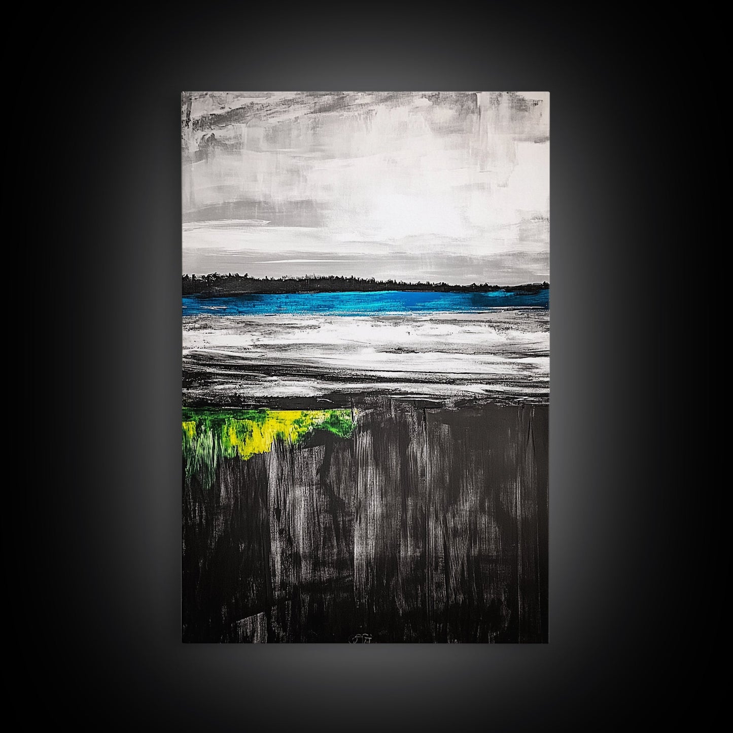 Tranquil Lake View, Blue Water Abstract Landscape, Moody Black White Sky, Serene Nature Wall Decor, Relaxing Home Gift, Canvas Print