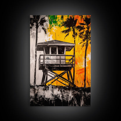 Lifeguard Tower, Beach House Art, Tropical Wall Art, Coastal Sunset, Vibrant Palm Trees, California Decor, Canvas Print, Living Room