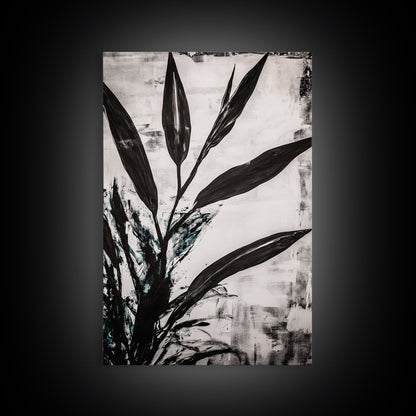 Minimalist Leaves, Monochrome Plant Art, Botanical Wall Decor, Neutral Home Art, Black and White Nature, Framed Canvas Print, Gift Idea