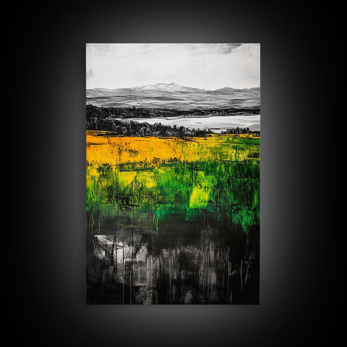 Mountain View, Golden Fields, Lakeside Horizon, Framed Canvas Print, Rustic Landscape, Nature Wall Art, Modern Farmhouse