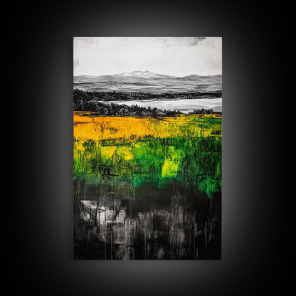 Mountain View, Golden Fields, Lakeside Horizon, Framed Canvas Print, Rustic Landscape, Nature Wall Art, Modern Farmhouse