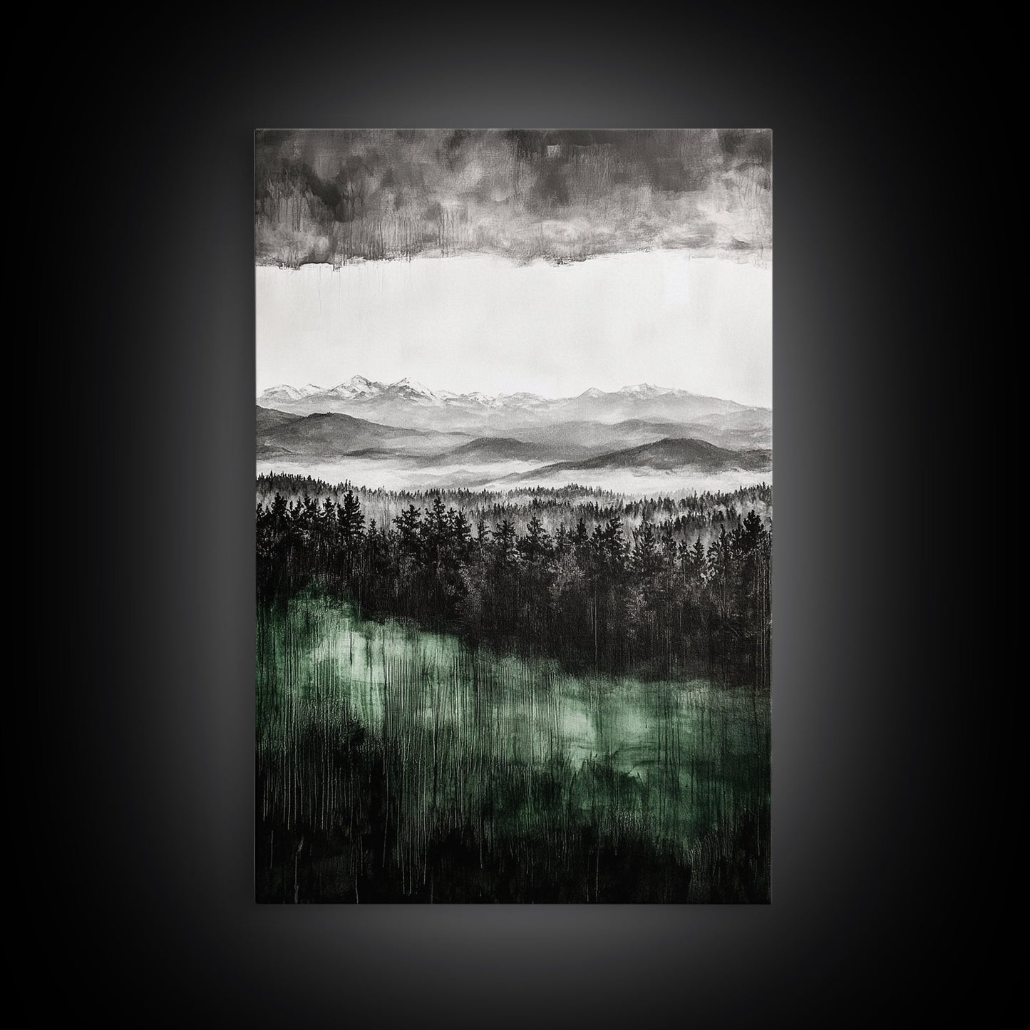 Misty Mountains, Moody Wall Art, Rustic Home Decor, Cabin Wall Art, Neutral Aesthetic, Black and White, Framed Canvas Print