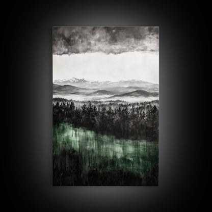 Misty Mountains, Moody Wall Art, Rustic Home Decor, Cabin Wall Art, Neutral Aesthetic, Black and White, Framed Canvas Print