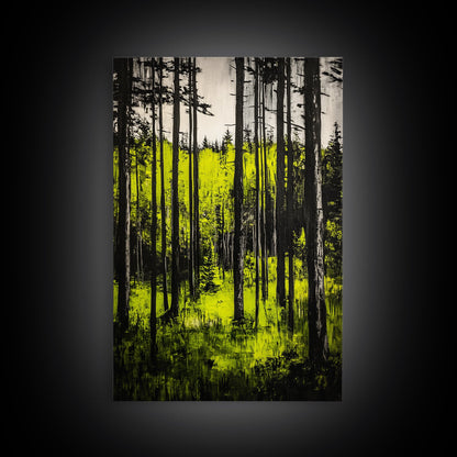 Forest Sunlight, serene nature painting, lush green forest, peaceful landscape wall art, calming home decor, framed canvas print, cabin art