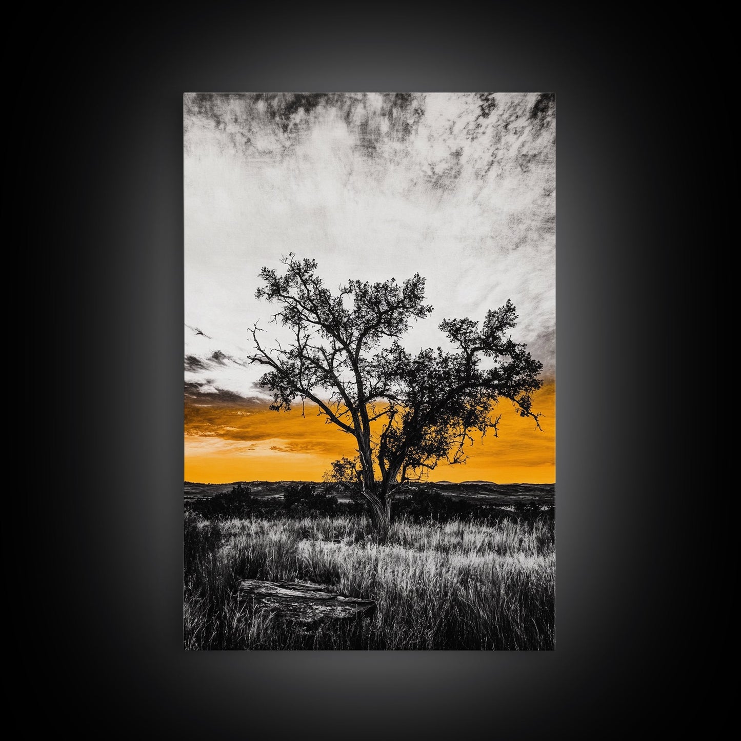 Lone Tree Sunset, dramatic landscape print, fall sunset art, rustic countryside decor, warm autumn painting, framed canvas print, hallway