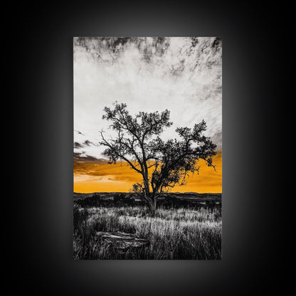 Lone Tree Sunset, dramatic landscape print, fall sunset art, rustic countryside decor, warm autumn painting, framed canvas print, hallway