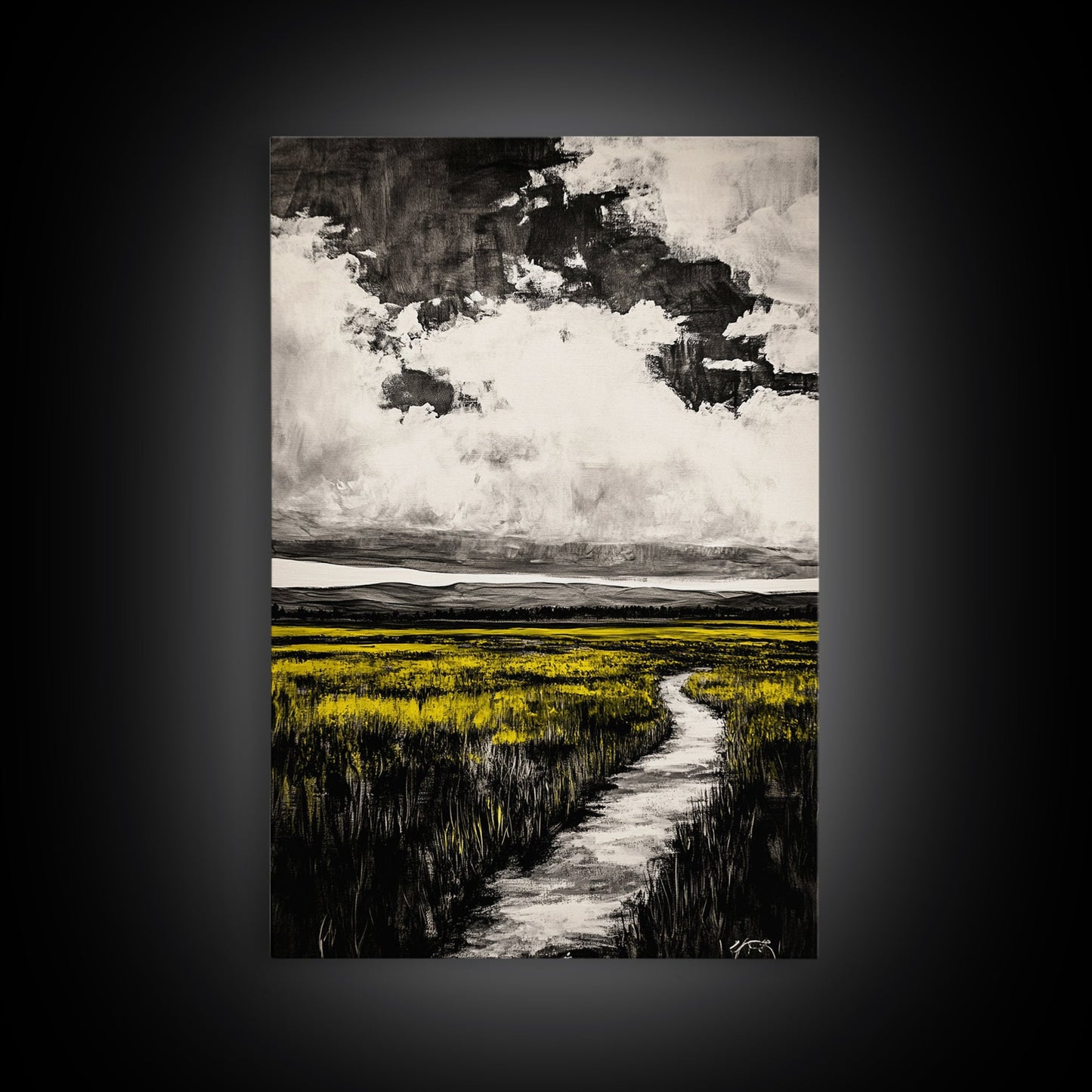 Field Pathway, dreamy landscape painting, country road art, scenic nature wall decor, calming yellow tones, framed canvas print, entryway